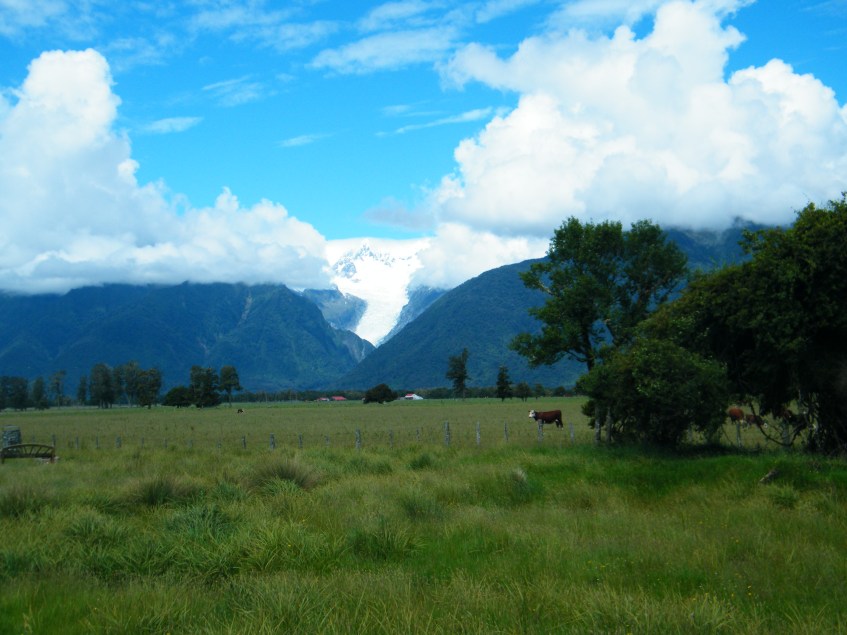 Parting of the clouds, and a rare view of Mt. tasman and Fox Glacier. This area receives 5 metres of rain a year.