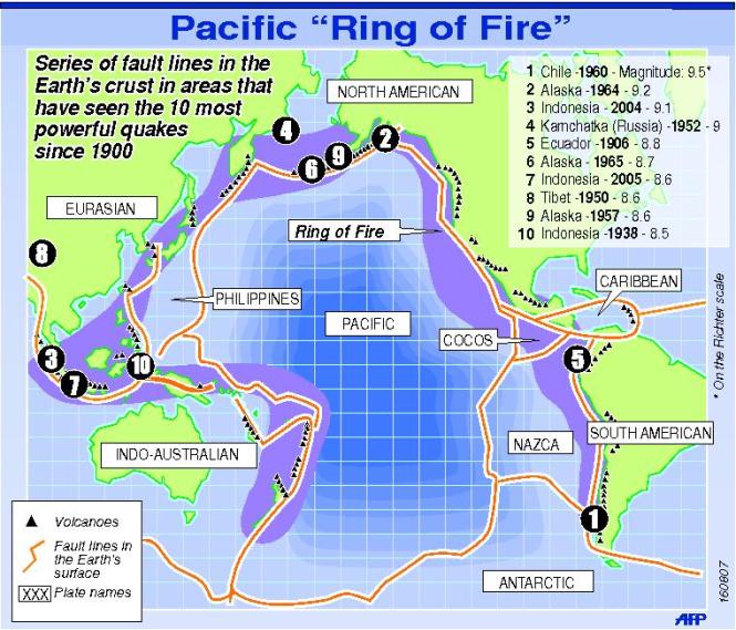 The Pacific Ring Of Fire. The New Zealand earthquakes have been very powerful, in a good way none have hit the "Top 10" in magnitude. Image Source