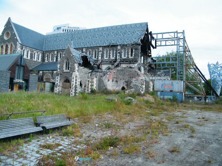 Side view showing the damage of the Christchurch Cathedral.