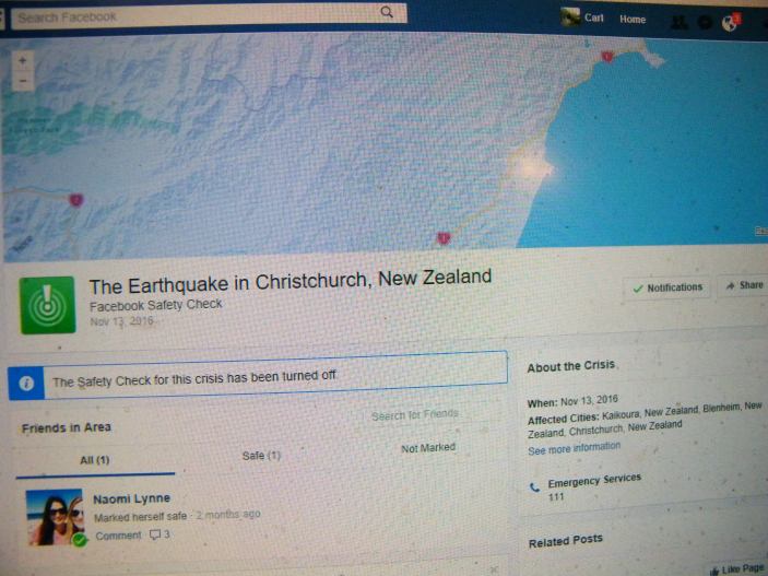Safety Check on Facebook for the November 13, 2016 earthquake in Christchurch, New Zealand