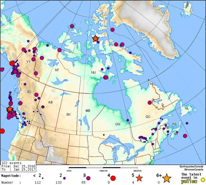 From Dec. 15, 2016 to Jan. 15, 2017 there were 322 earthquakes recorded in Canada. Most were smaller and would not be felt. Image Source